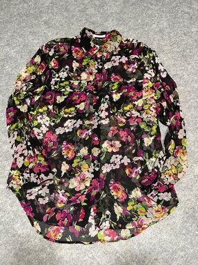 Equipment Floral Silk Blouse in Black with Pink & Olive Accents